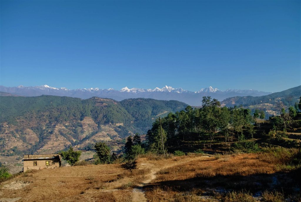 Culturele schatten in de Kathmandu vallei – panoramisch zicht op de Himalayas vanuit Nagarkot