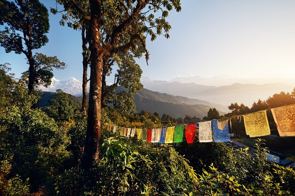 Mardi Himal trekking – wapperende gebedsvlagjes land de Mardi Himal trails