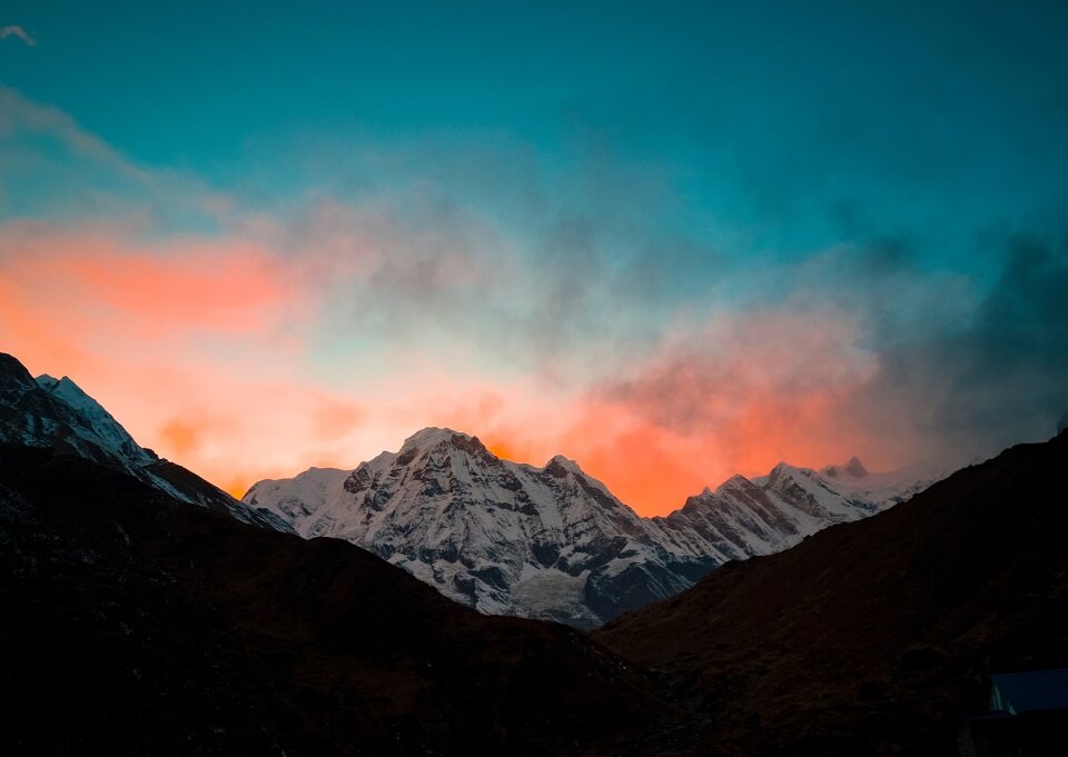 Annapurna Sanctuary trek – zonsondergang bij de Himalayas